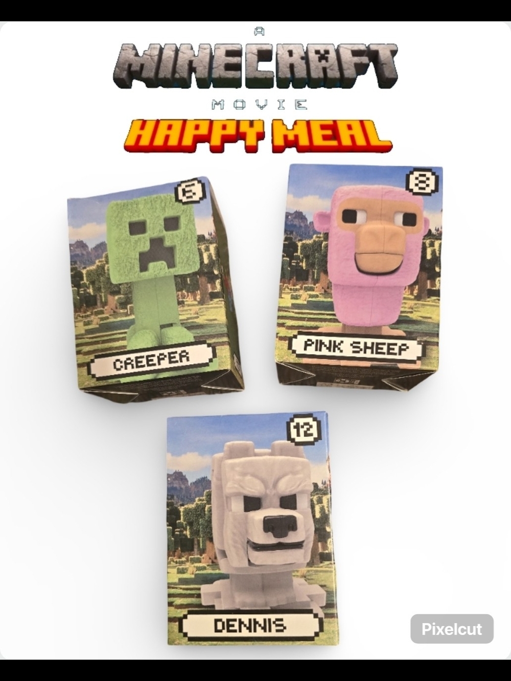 McDonald's Minecraft Movie Toy Lot - Creeper #6, Pink Sheep #8, Dennis #12